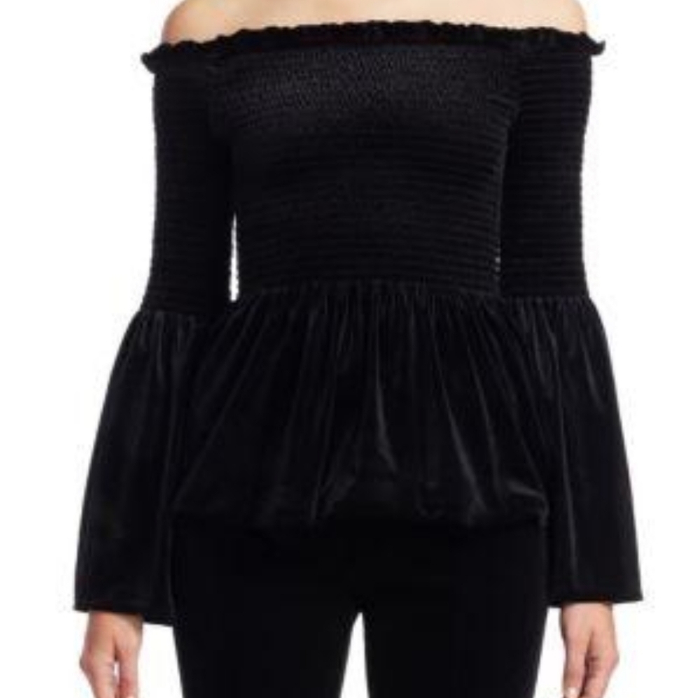Scripted Black Puckered Velvet Bell Sleeve Top